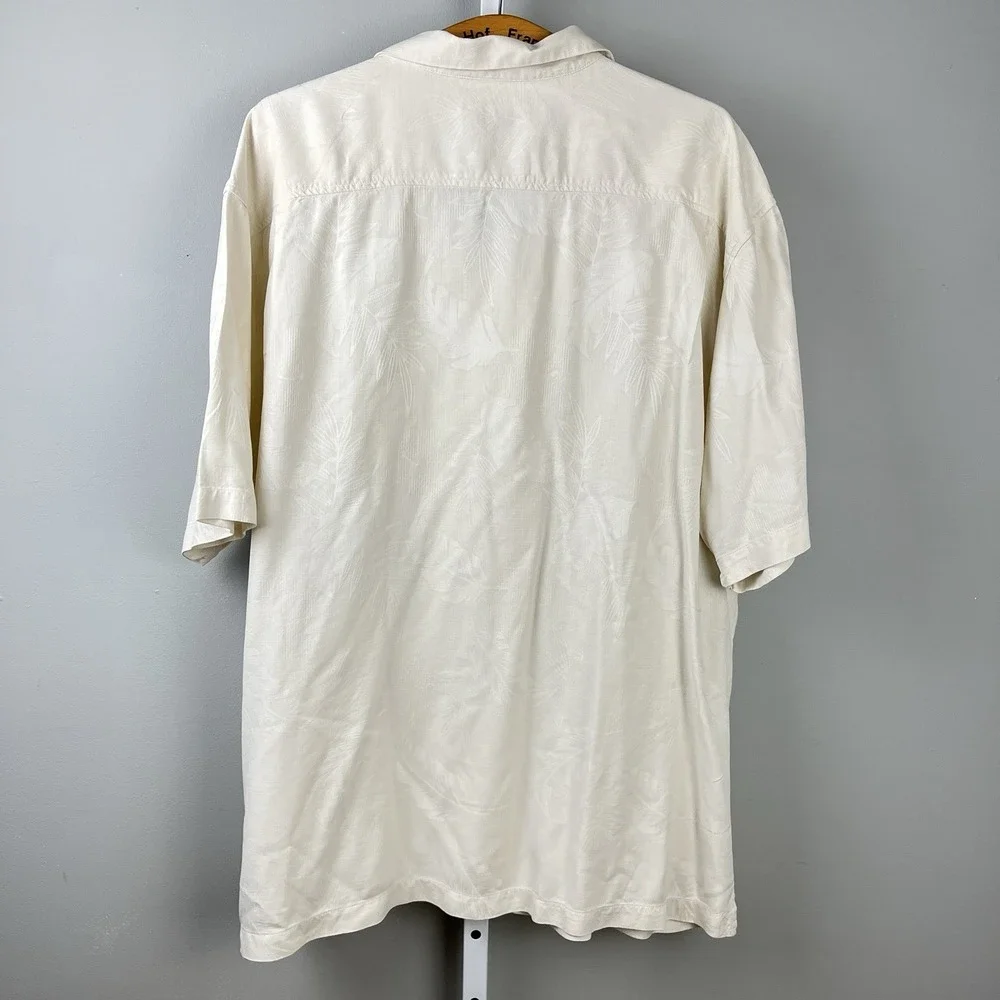Tommy Bahama Silk Shirt Mens 3XL Ivory Jacquard Leaf Feather Short Sleeve
